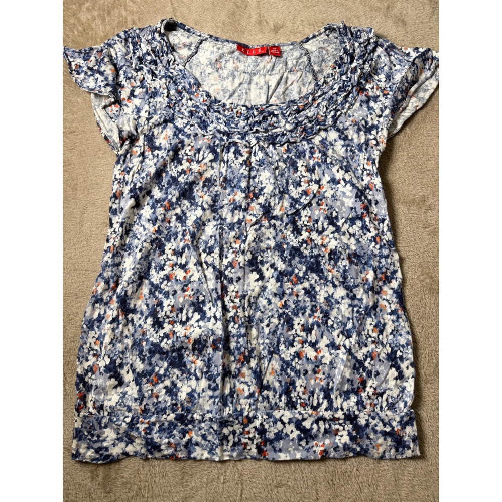 Elle Womens Blue Floral Ruffle Neck Pima Cotton Modal Top XS Cottagecore Basics